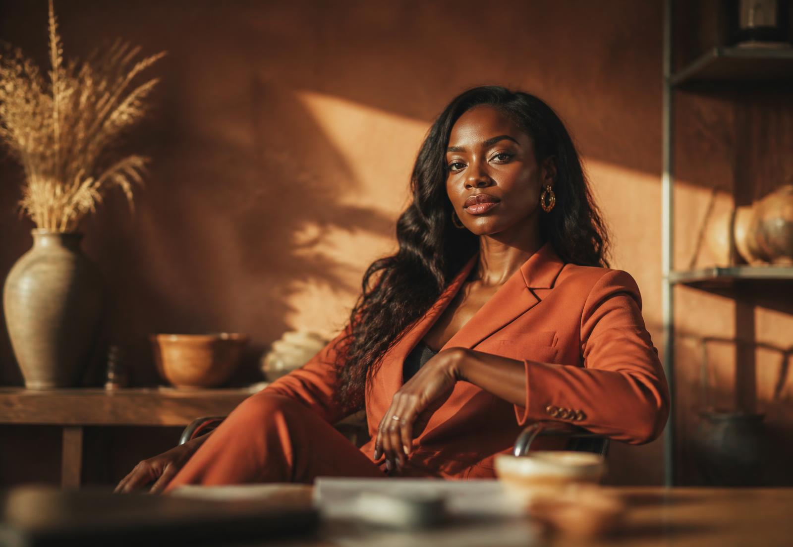 Black woman entrepreneur in a terracotta suit seated in a warm sunlit studio
